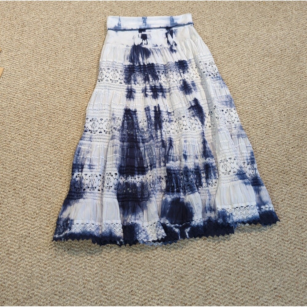 Vintage Y2K Tiered Maxi Skirt M Blue Tie Dye Crochet Fairy Cottage Boho Hippie